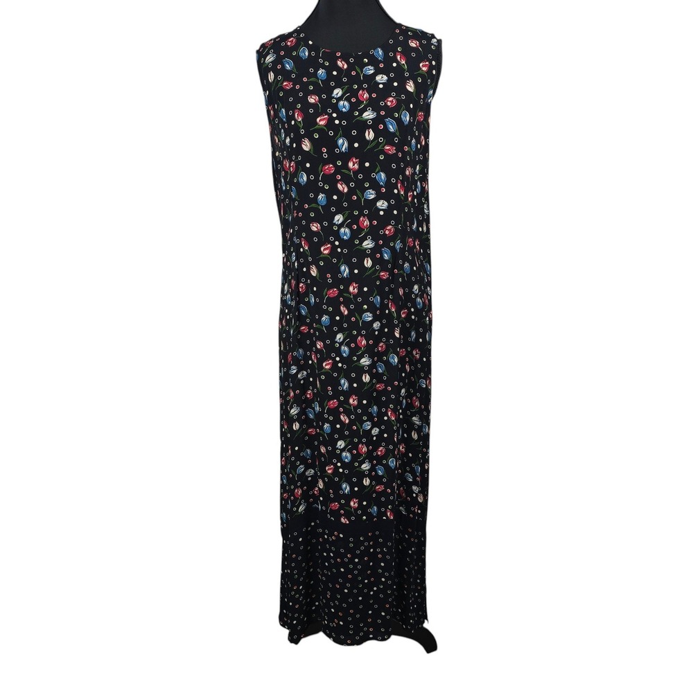VTG April Cornell Maxi Dress Womens Med Floral Tulip Polka Dot Black Sleeveless‎